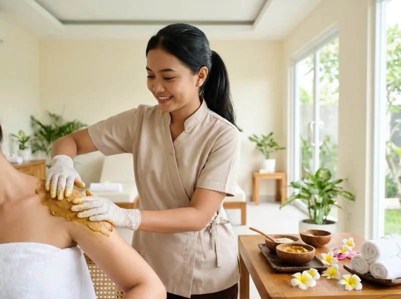 Perawatan lulur dengan bahan scrub alami seperti beras dan kunyit di meja spa.